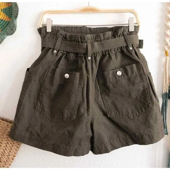 Banana Republic Cotten Linen Blen Khaki Green Paperbag Belted Shorts - Picture 4 of 5